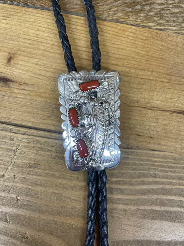Silver and Coral stones Bolo Tie