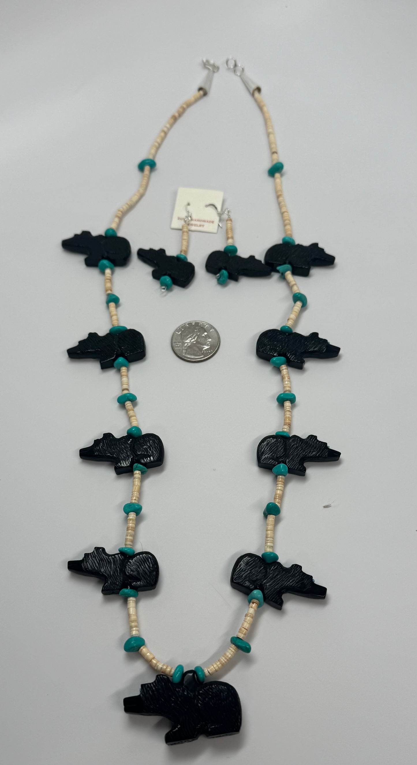 Jet, Shell, and Turquoise Bear Fetish Necklace with Matching Earrings