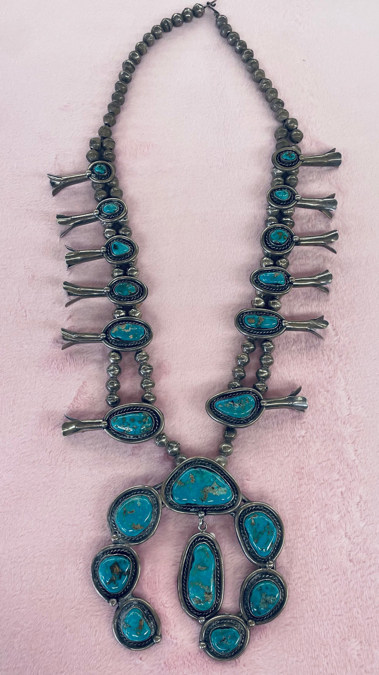 Vintage Turquoise and Silver Squash Blossom Necklace