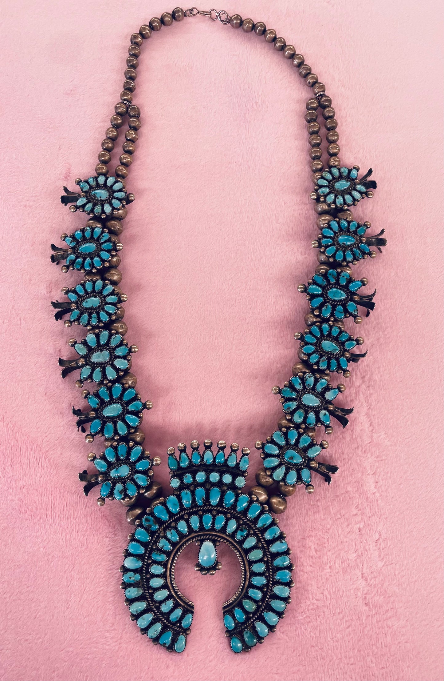 Vintage Turquoise and Silver Squash Blossom Necklace