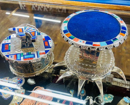 Silver and Inlay Stone Bear Tower Container
