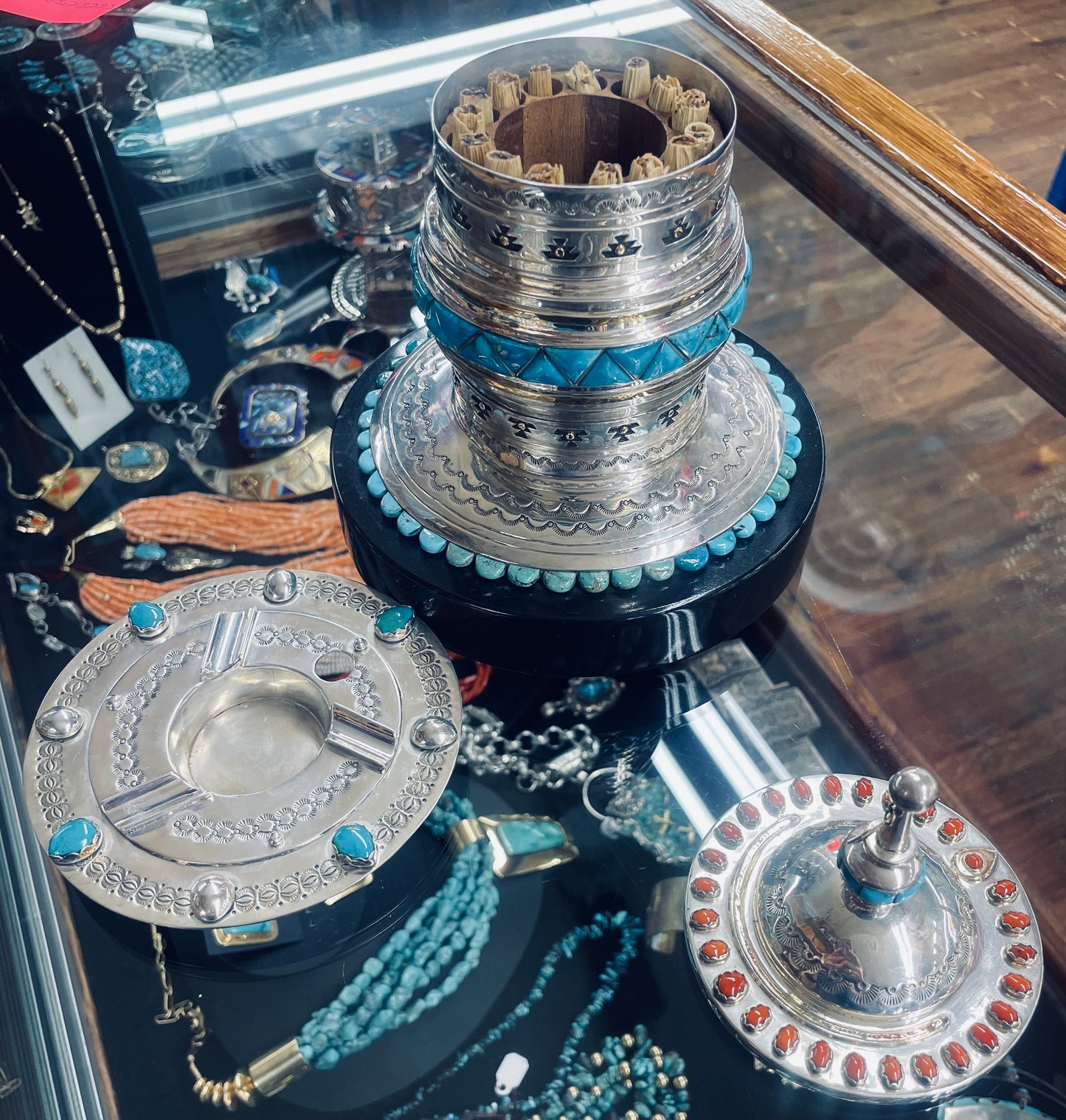 Silver Coral and Turquoise Sacred Ceremonial Tobacco Holder
