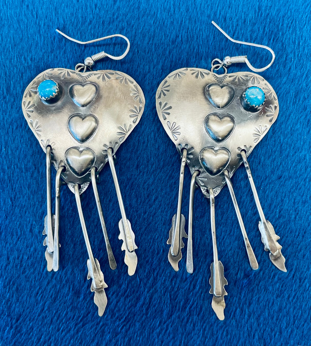Silver Heart Earrings with Small Turquoise Stones