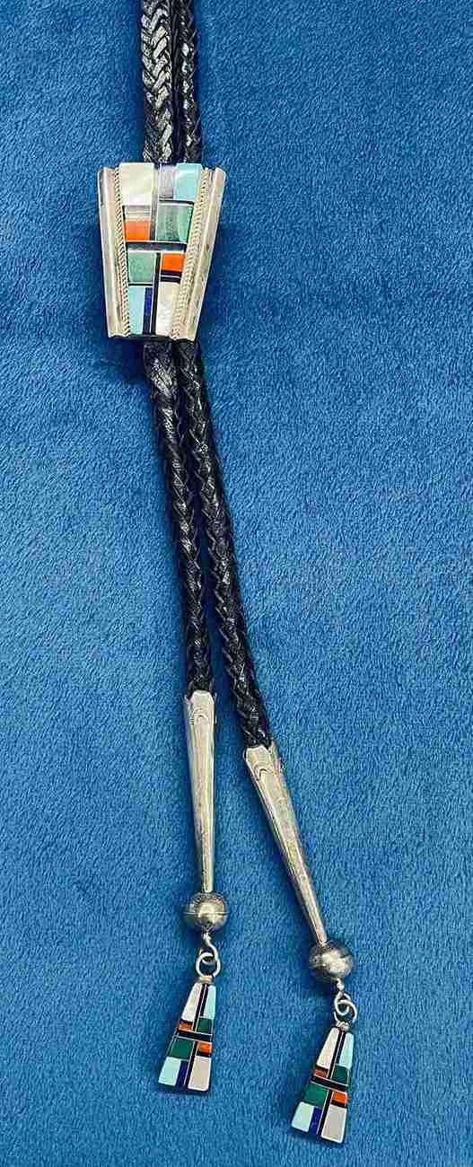 Inlay Stones and Silver Bolo Tie with Inlay Tips