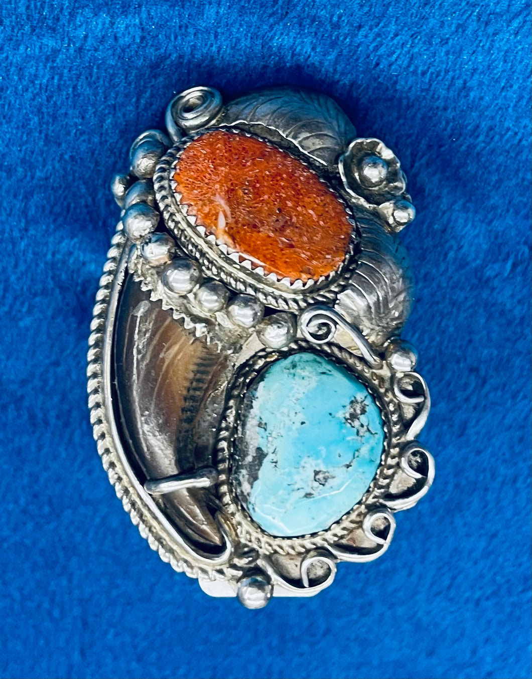 Bear Claw Ring with Turquoise and Coral Stones