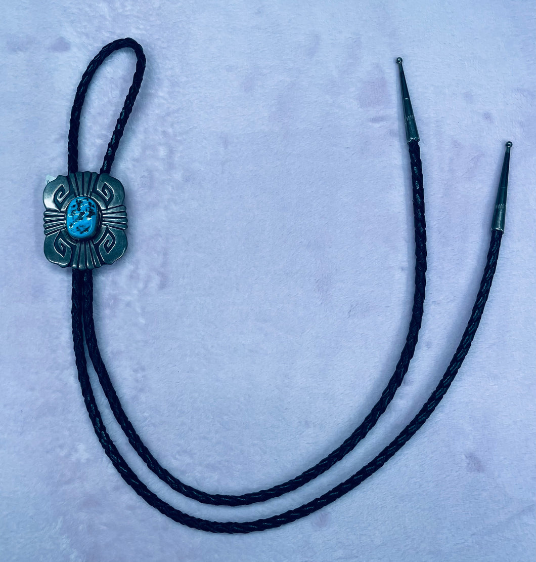 Silver with Chunk Turquoise Stone Bolo Tie with Silver Tips