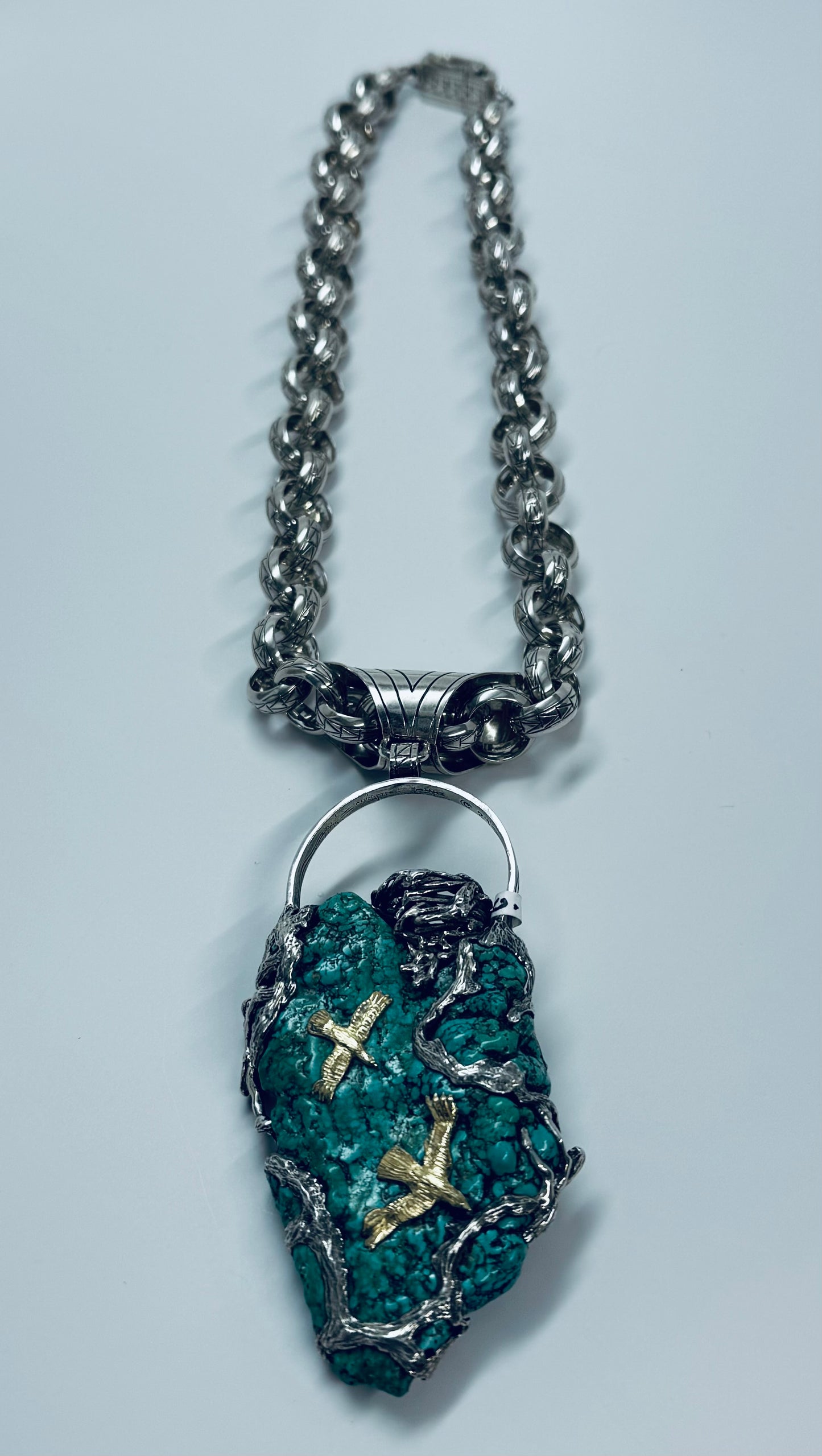 Large Chunk Turquoise with Sterling Silver Chain and 14K Gold Necklace