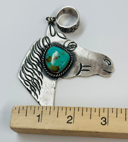 Sand Cast Silver and Turquoise Horse Pendant