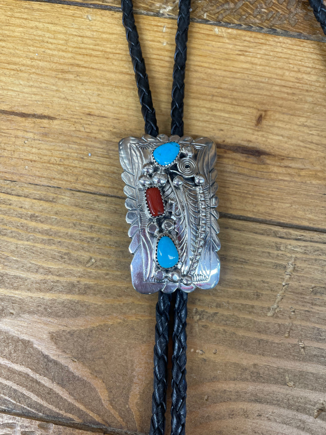 Silver and Turquoise and Coral Bolo Tie