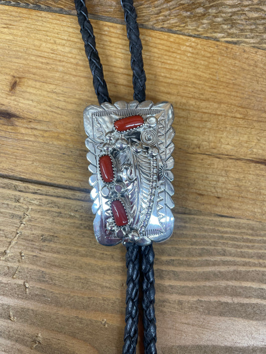 Silver and Coral stones Bolo Tie