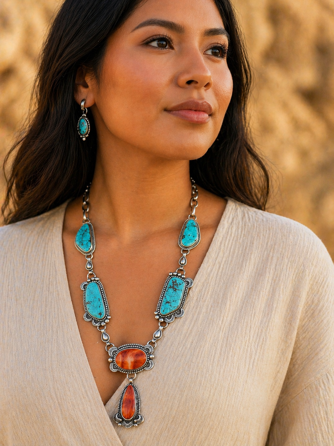 Turquoise & Spiny Oyster Necklace By Matthew Jack, Navajo Silversmith