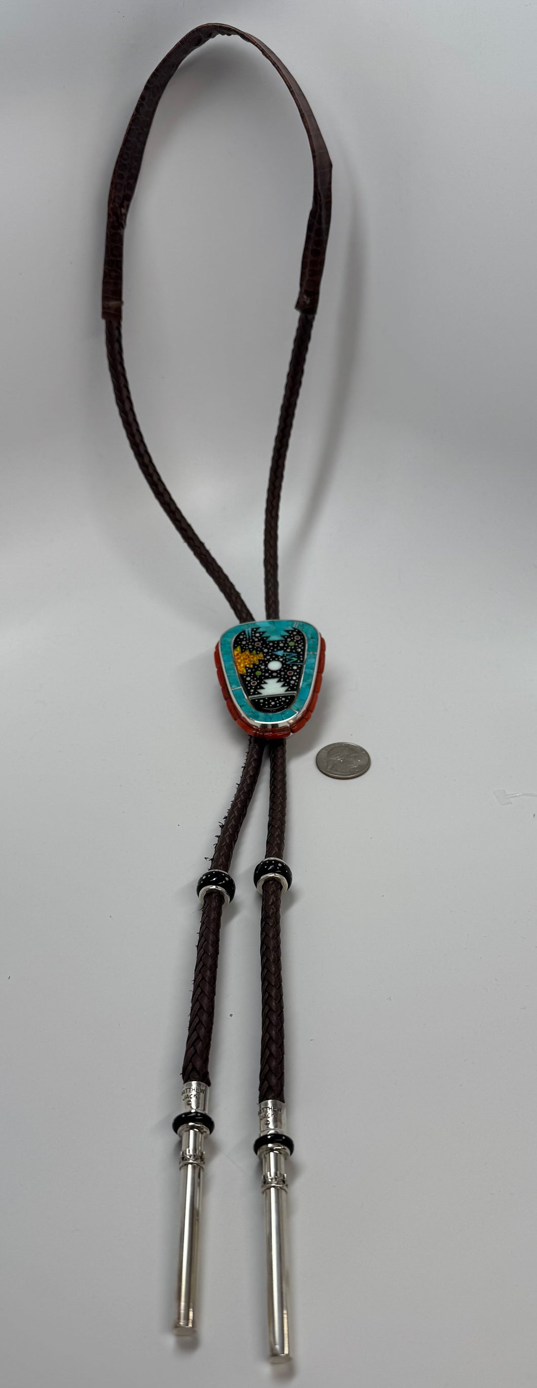 Zuni Inlay Mens Bolo with Various Stones and Silver Tips