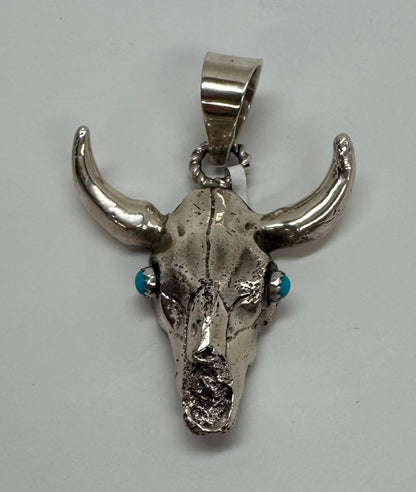 Silver Longhorn Skull with Turquoise Eyes Pendant