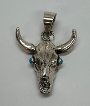 Load image into Gallery viewer, Silver Longhorn Skull with Turquoise Eyes Pendant
