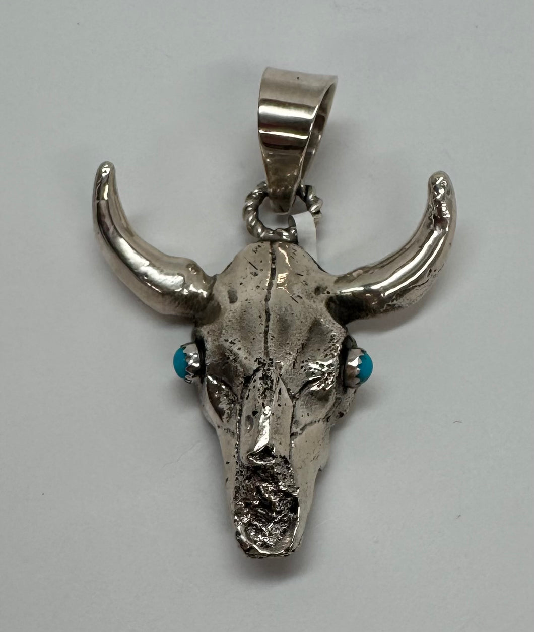 Silver Longhorn Skull with Turquoise Eyes Pendant