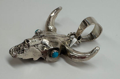 Silver Longhorn Skull with Turquoise Eyes Pendant