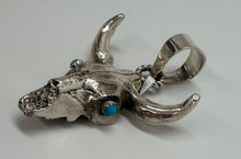 Load image into Gallery viewer, Silver Longhorn Skull with Turquoise Eyes Pendant
