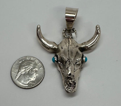 Silver Longhorn Skull with Turquoise Eyes Pendant