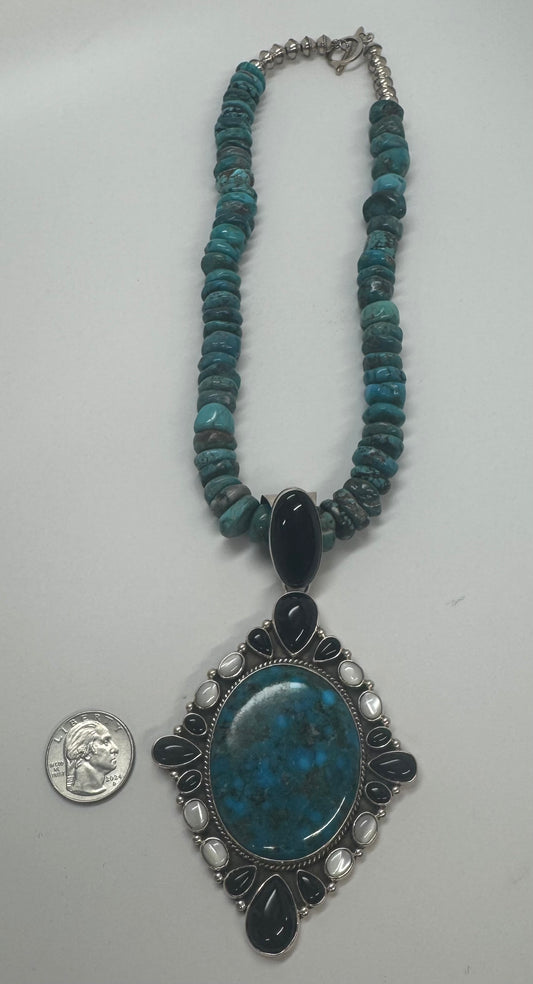 Turquoise Beads with Pendant with Onyx, Mother of Pearl and Large Turquoise Stone