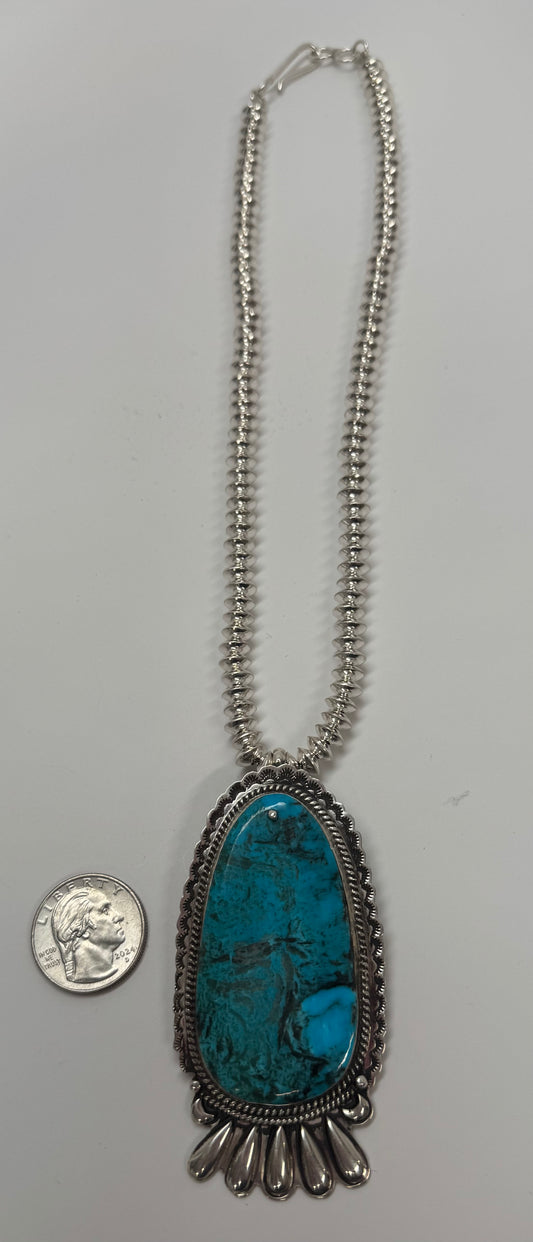 Silver Navajo Beads with Turquoise Pendant