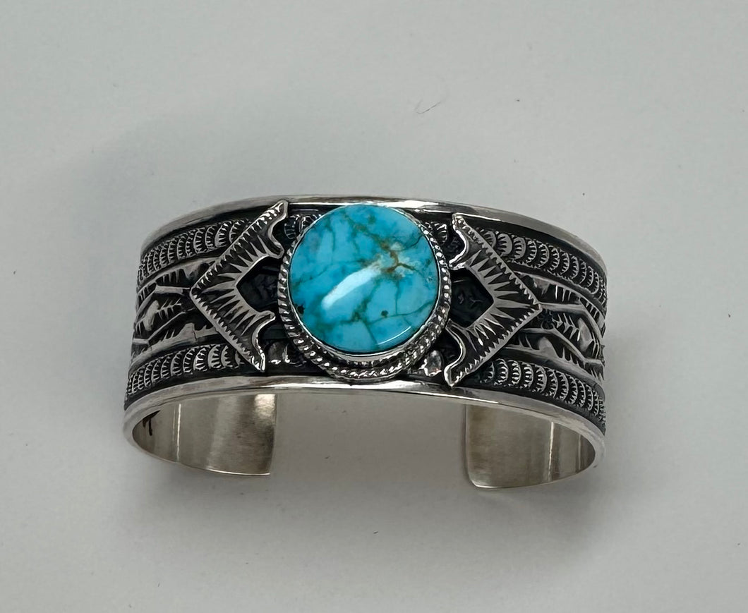 Silver Stamped Cuff with Kingman Turquoise Stone