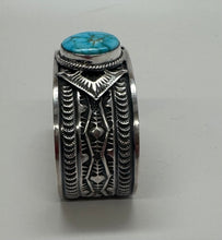 Load image into Gallery viewer, Silver Stamped Cuff with Kingman Turquoise Stone
