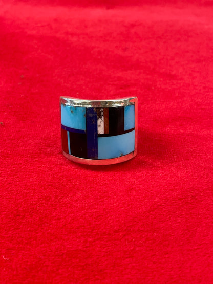 Mens sterling and multi stone inlay ring