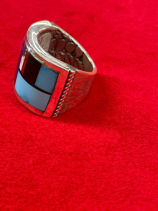 Mens sterling and multi stone inlay ring