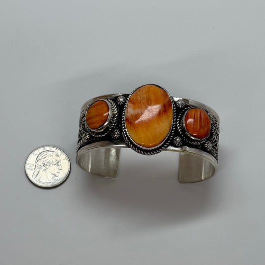 Authentic Stamp Three-Stone Orange Spiny Cuff Bracelet