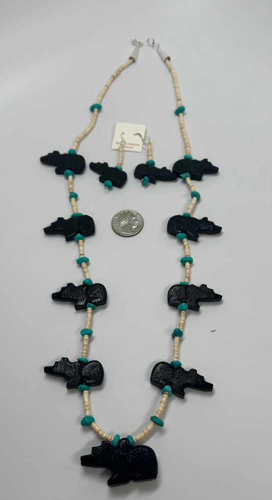 Jet, Shell, and Turquoise Bear Fetish Necklace with Matching Earrings