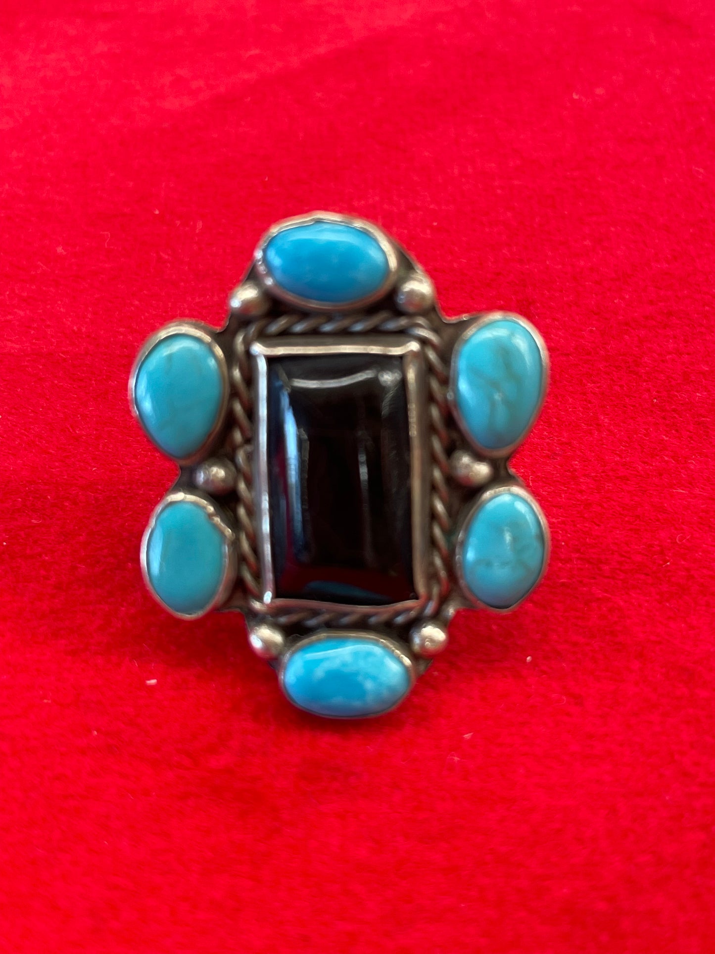 Women's onyx and turquoise silver ring