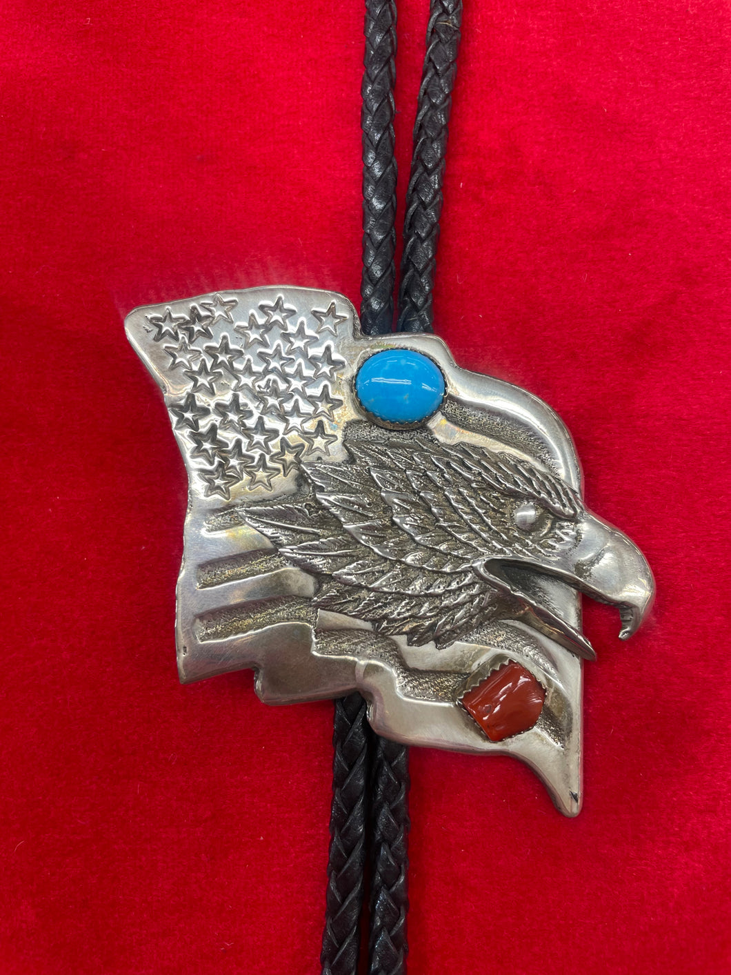 Bald Eagle with Turquoise and Coral Stones Bolo Tie with Silver Tips