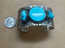 Load image into Gallery viewer, Silver Cuff Bracelet with Three Turquoise Stones
