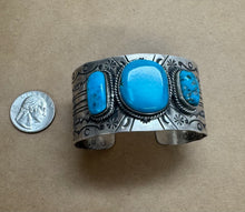 Load image into Gallery viewer, Silver Cuff Bracelet with three Turquoise Stones
