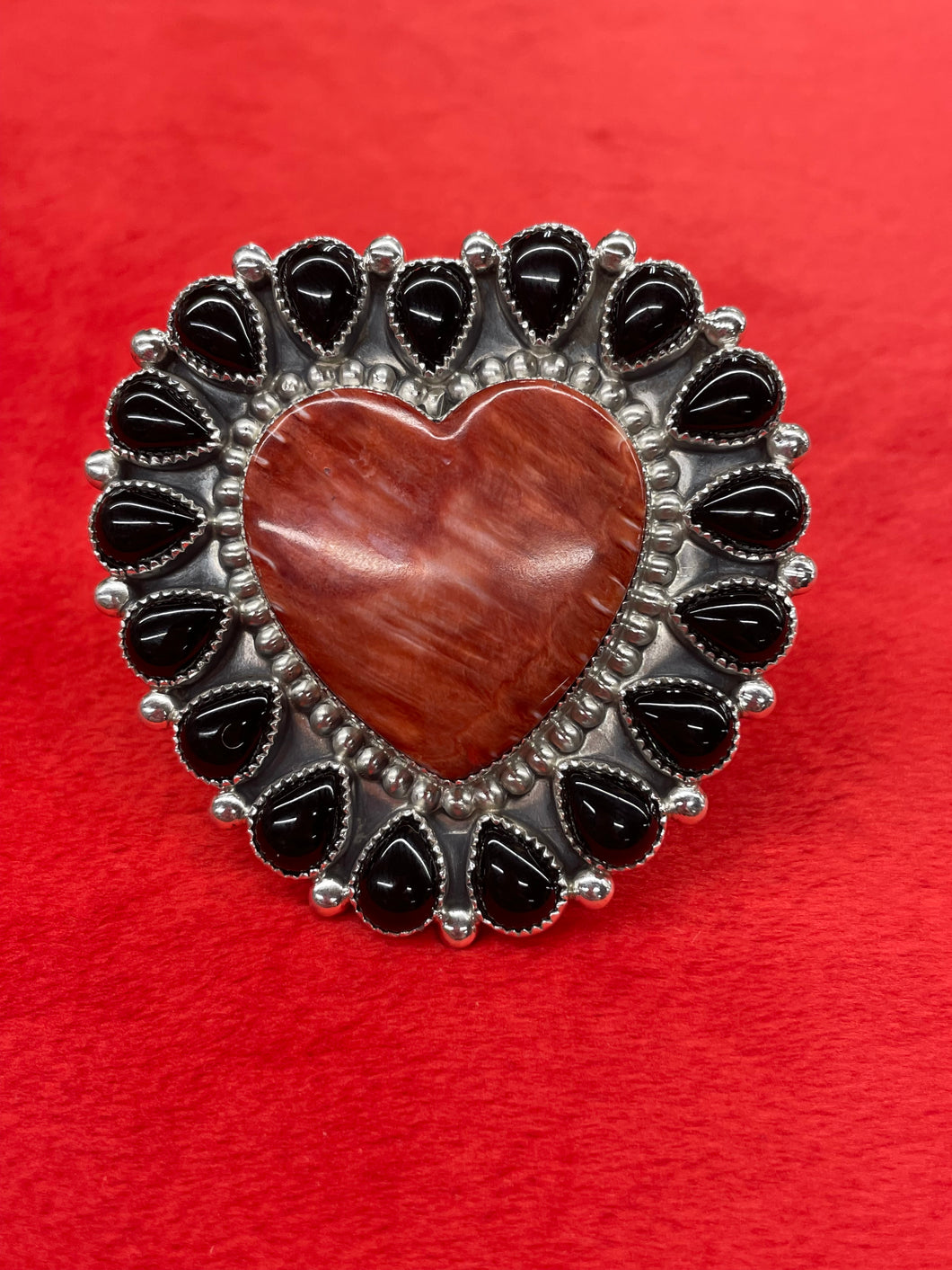 Onyx and Coral Heart Ring