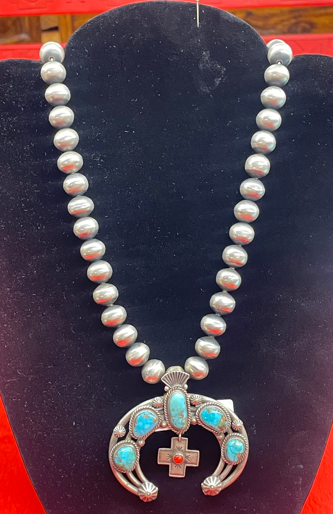 Silver Beads with Pendant with Turquoise and Sterling Silver Cross with Coral Stone