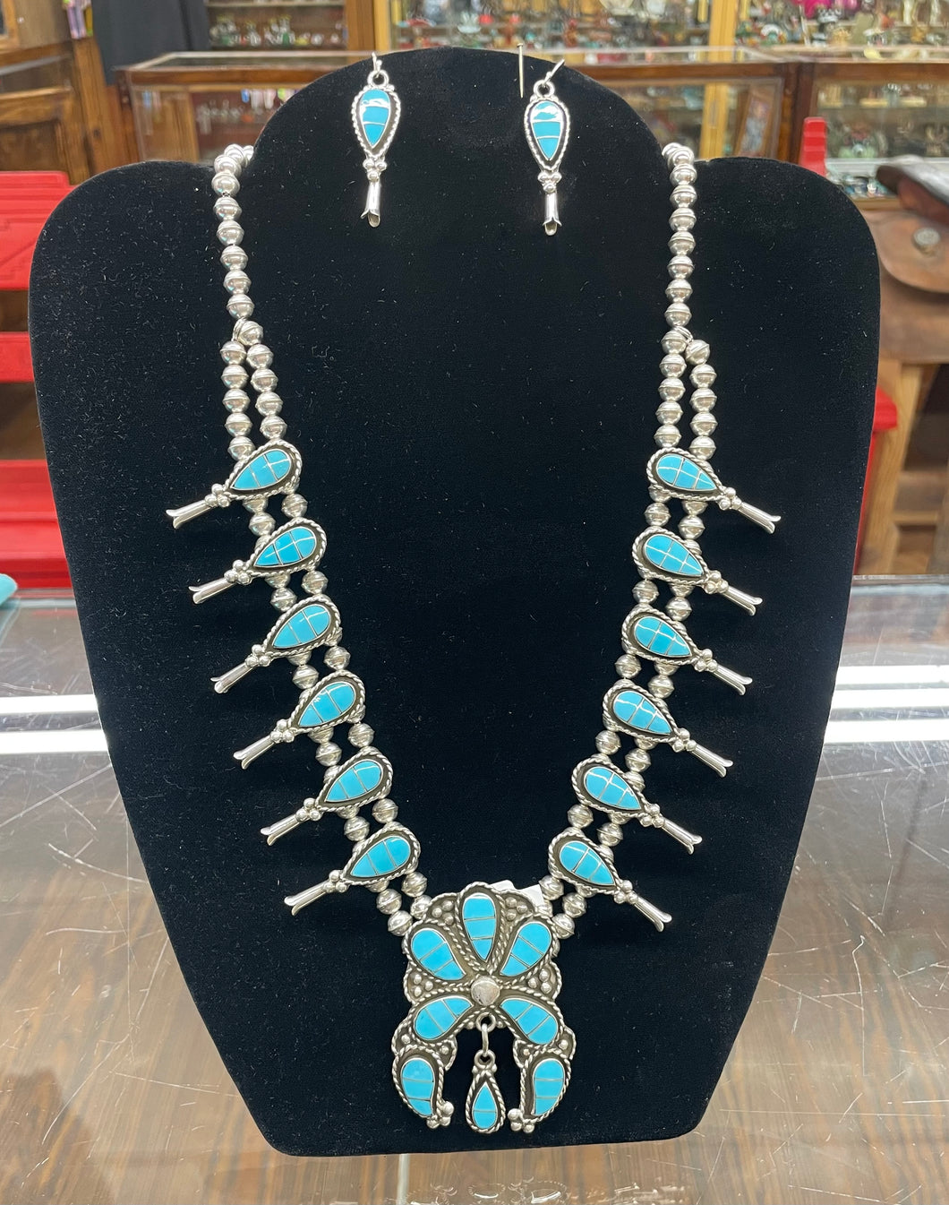 Zuni Inlay Turquoise Squash Blossom Necklace with Matching Earrings