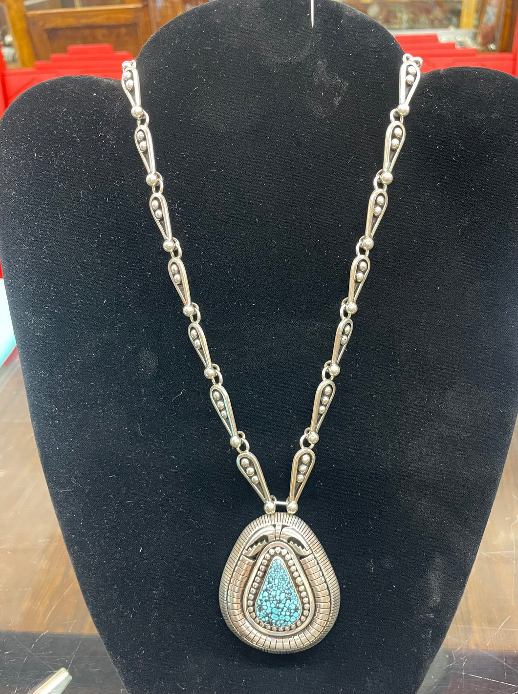 Sterling Silver Link Necklace with Spider Web Turquoise with Matching Link Earrings