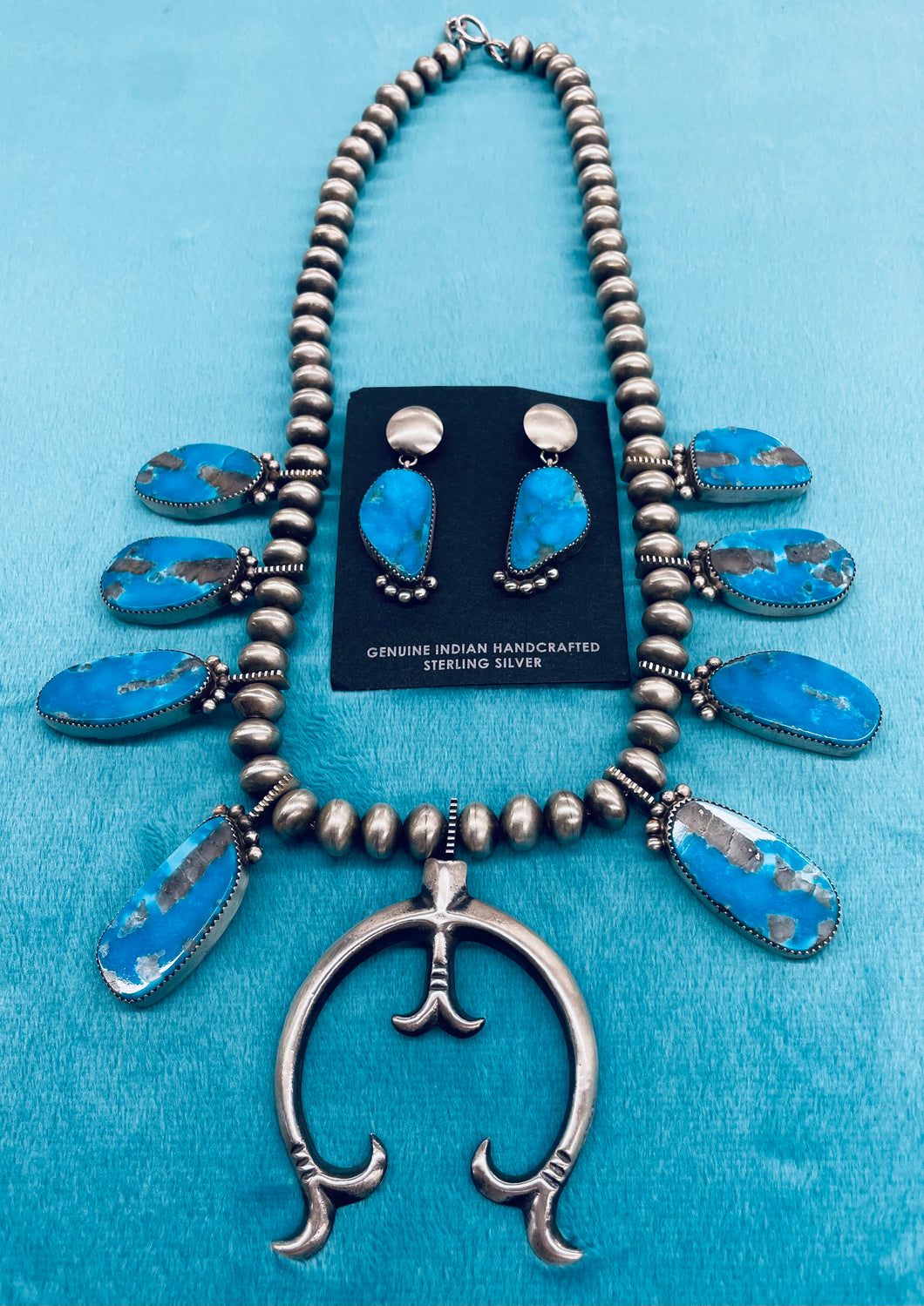 Navajo Silver Beads with Turquoise Squash Blossom Necklace