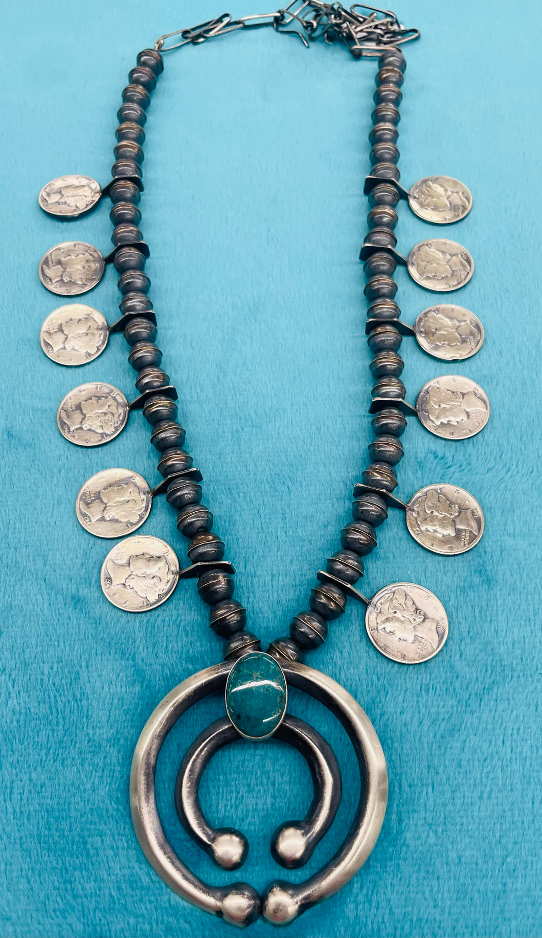 Unique Squash Design with 10 Dimes Silver Beads and Naja with Turquoise Stone