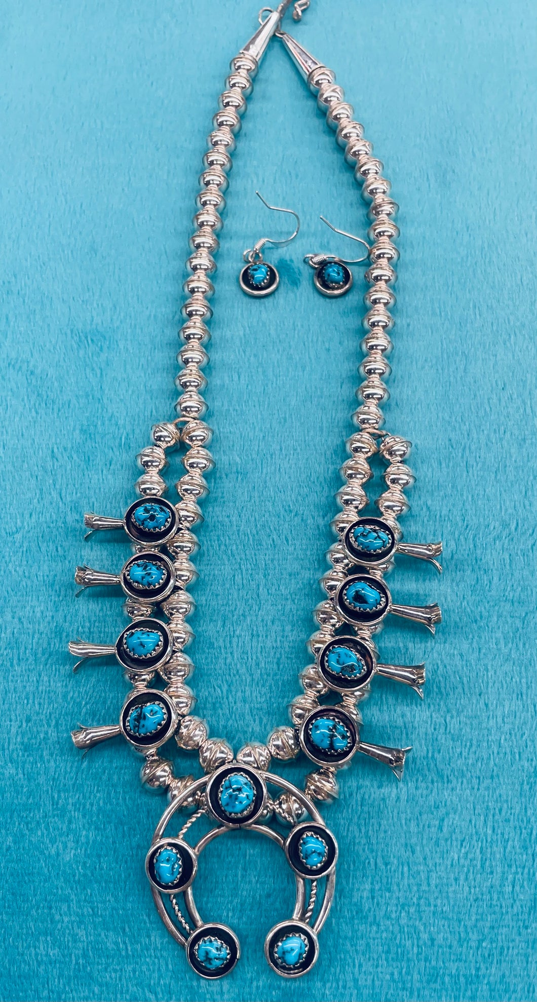 Turquoise and Silver Squash Blossom Necklace and Earrings Set