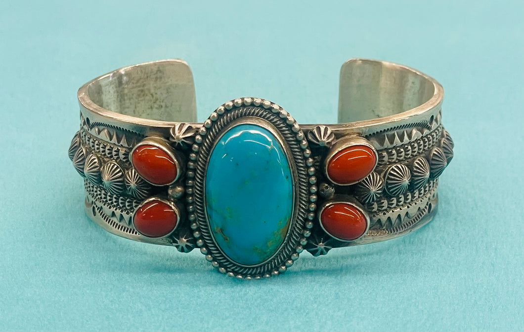 Cuff Silver Bracelet with Turquoise and Coral