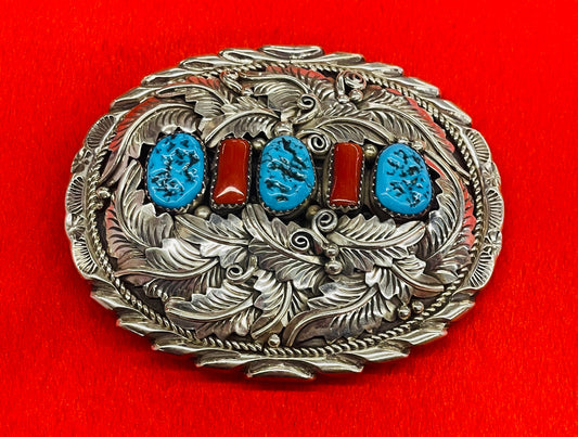 Buckle with Coral, Turquoise and Silver