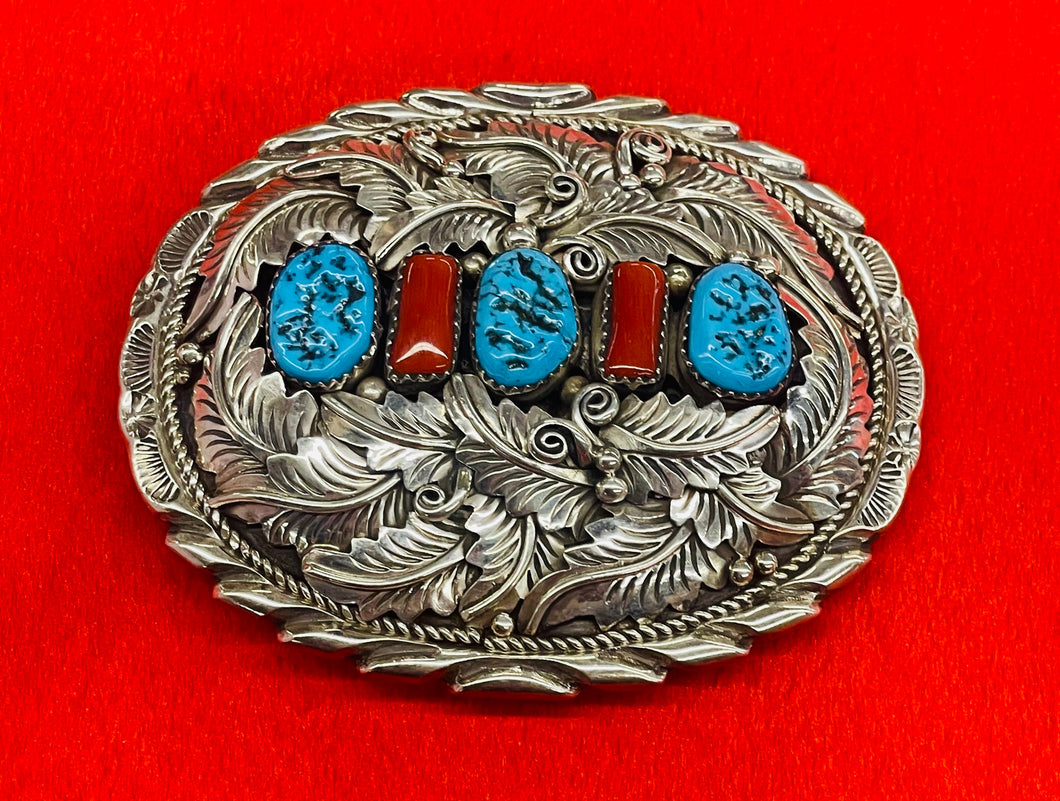 Buckle with Coral, Turquoise and Silver