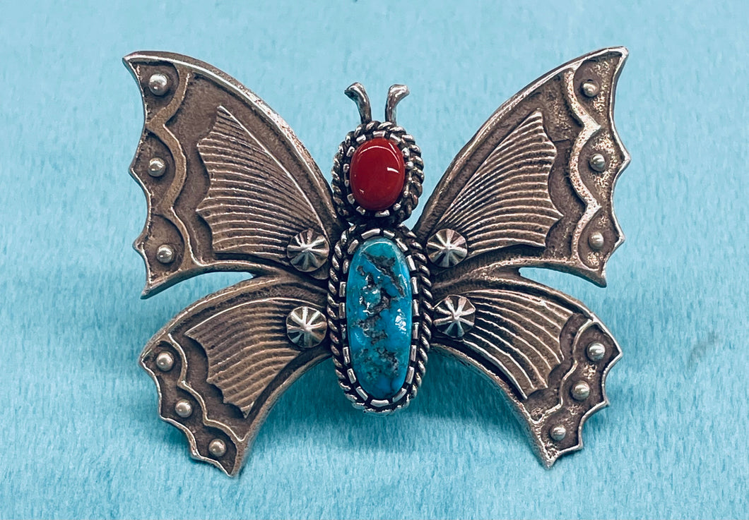 Butterfly Ring with Coral and Turquoise Stones