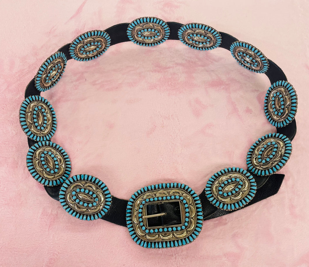 Vintage Turquoise and Silver Needlepoint Concho Belt