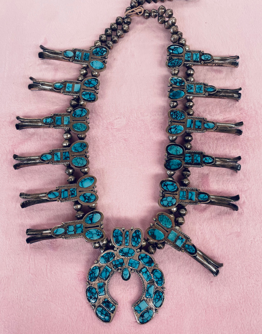 Vintage Turquoise and Silver Squash Blossom Necklace