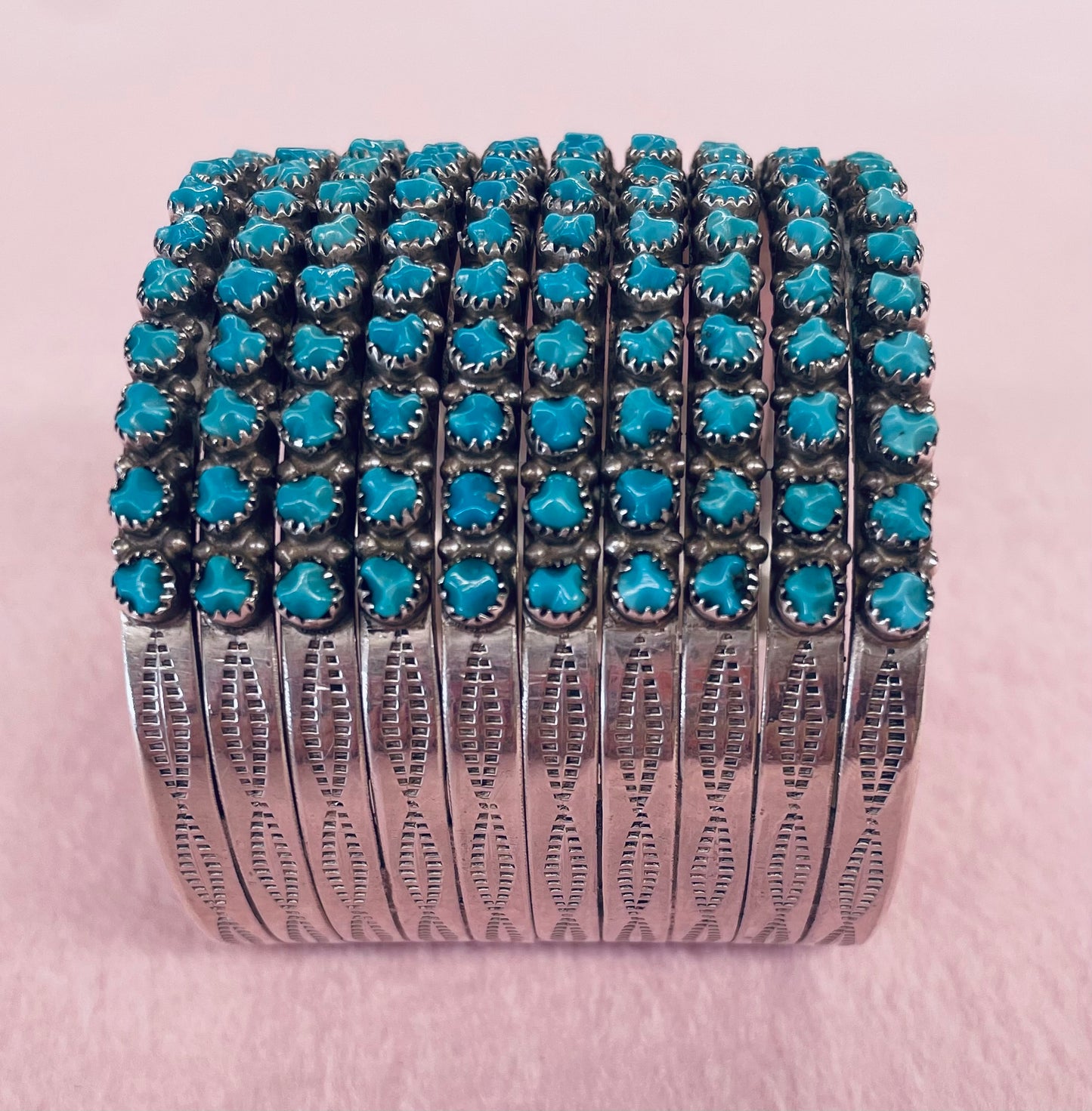 Ten Row Cuff Bracelet with Turquoise and Silver