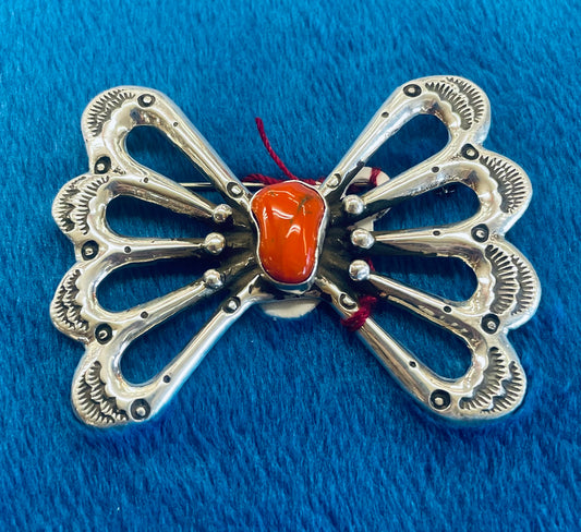 Coral and Silver Butterfly Pin