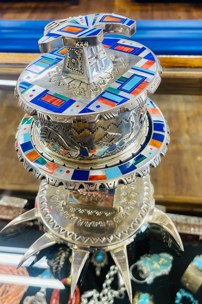 Silver and Inlay Stone Bear Tower Container